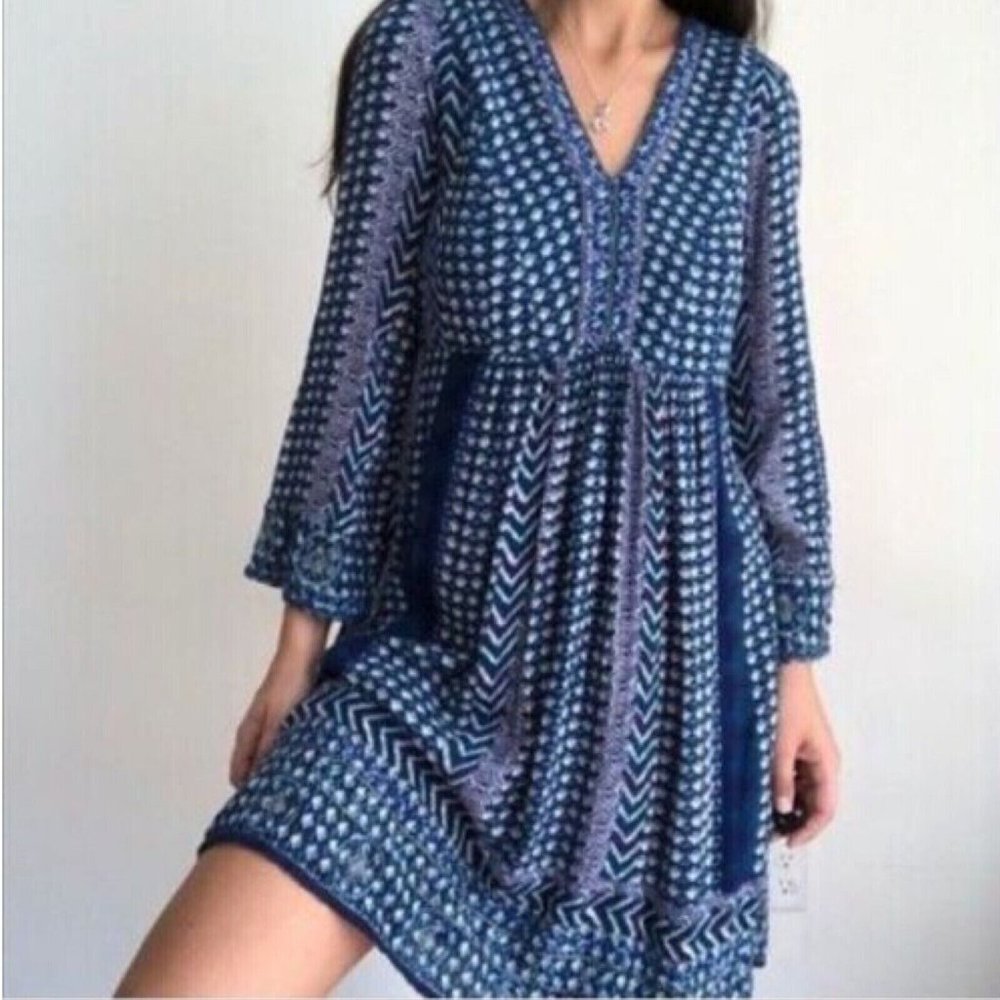 Anthropologie Akemi + Kin Rozalin Dress Blue Boho Embroidered Patterned M (?)